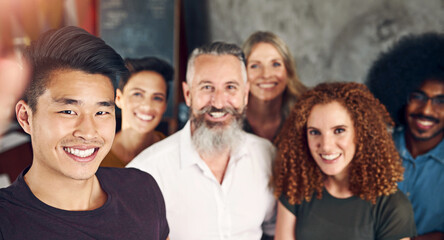Obraz premium Creative, people and smile for selfie, startup and photography for memory in company and networking. Happy, employees and executive in profile picture of business, website and writer in agency
