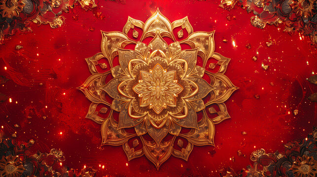 A radiant golden mandala, intricately detailed, shimmers against a deep red background, adorned with golden flecks