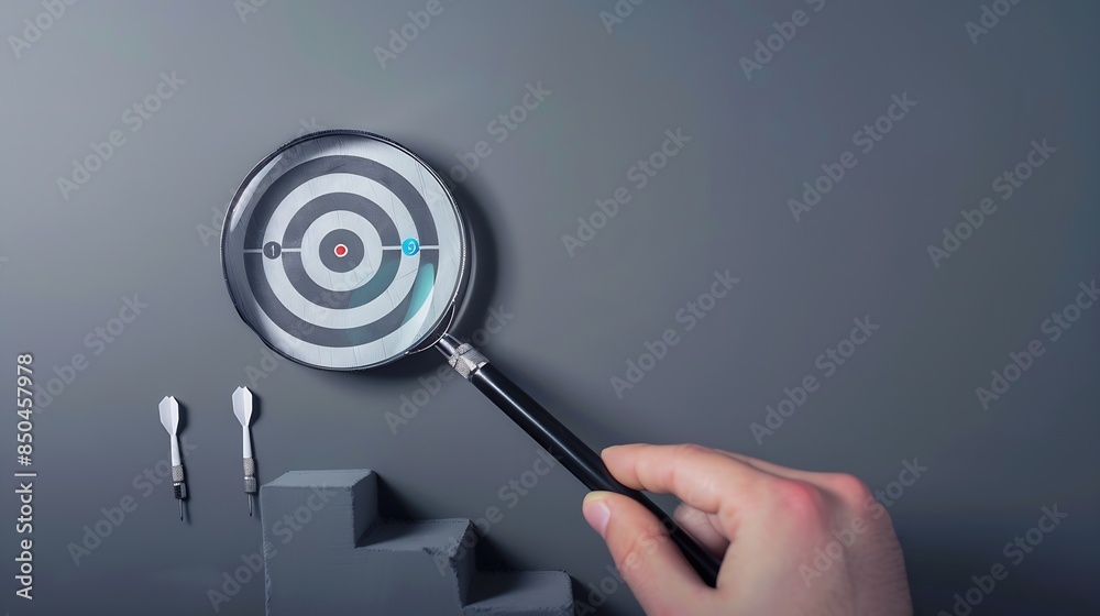 Aufkleber unlock potential of business success stairs dart and dartboard targets magnifying glass with hand on