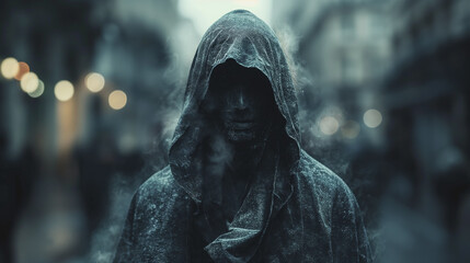 Fototapeta premium A man in a hooded sweatshirt is standing in the rain