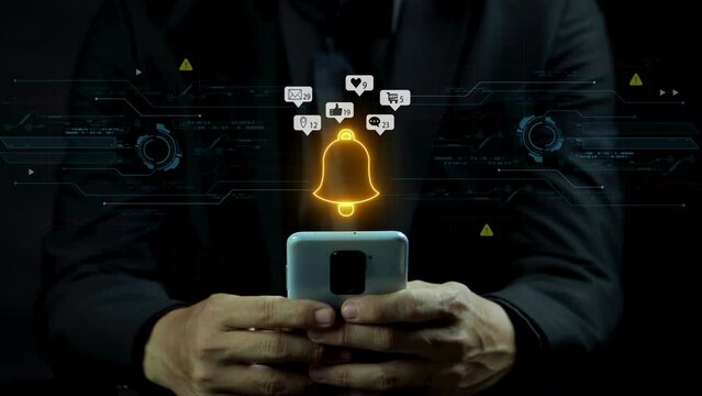 Notification, alert bell, alarm bell, reminder, social media concept. Glowing neon line animated yellow bell ringing icon for application notification alert isolated on virtual screen.