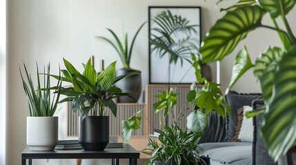 Modern scandinavian home interior with mock up photo frame design wooden commode plants in black pots gray sofa books and personal accessories Stylish home decor Template Ready to use : Generative AI