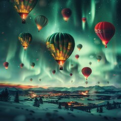 Obraz premium New Year celebration with colorful balloons under the mesmerizing northern lights, creating a festive and magical atmosphere.