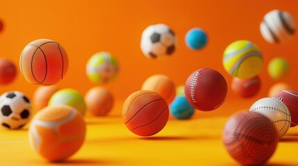 Variety of sports balls floating against a bright orange background