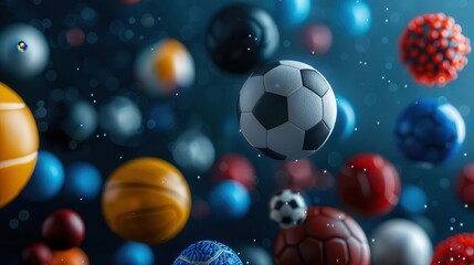 Fototapeta premium Assorted sports balls in midair on a navy blue background