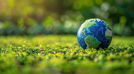 Earth Globe on Green Landscape - Global Environmental Awareness Concept with Copy Space