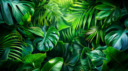 Dense green tropical foliage in a dark and moody setting, perfect for jungle-themed designs, nature backgrounds, and eco-friendly projects.