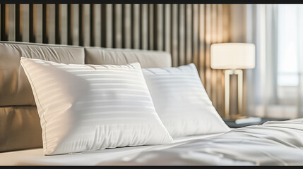 Cozy modern bedroom with white pillows and a neutral-toned headboard, perfect for interior design, relaxation, and lifestyle imagery.