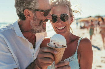 Pareja de mediana edad, caucasica, con gafas de sol en verano, compartiendo un helado en la playa