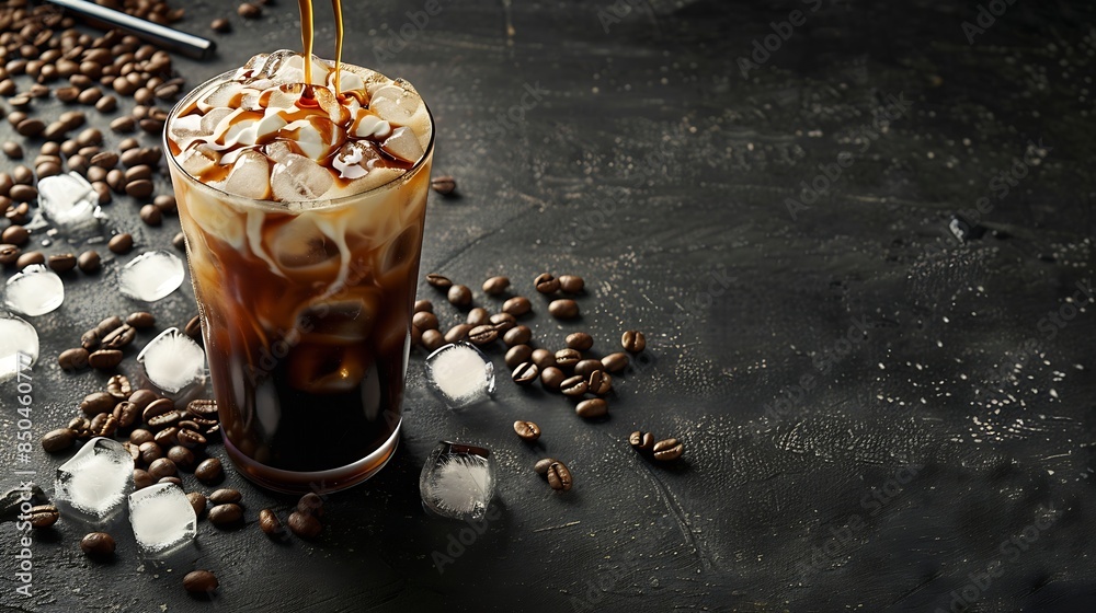 Poster ice coffee in a tall glass with cream poured over ice cubes and beans on a dark concrete table cold 