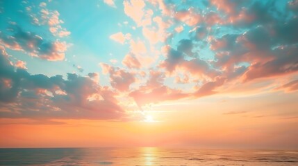 Fototapeta premium Sunset Sky over Sea Horizon in the Evening with colorful clouds Orange sunlight Dusk Summer Sky Background : Generative AI