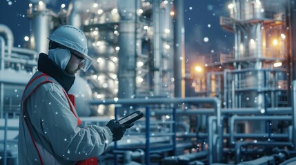 Engineer Using Tablet Computer in Front of Hydrogen Factory, Overseeing Renewable Energy Production and Industrial Technology