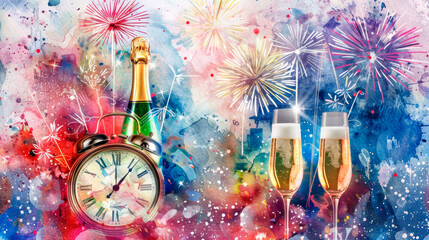 As the clock strikes midnight, two champagne glasses on a table catch the light of dazzling fireworks, celebrating a momentous occasion with joy and festivity. Banner. Copy space.