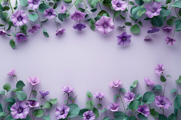 The photo shows a beautiful frame of purple flowers and green leaves on a pale purple background.