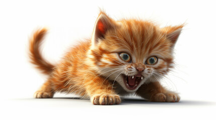 Obraz premium A playful ginger kitten in a pouncing position with its mouth open, showing excitement and energy. The white background highlights the kitten's vibrant fur.