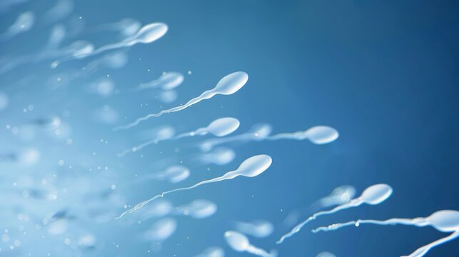 A blue background with white sperms flowing in the air