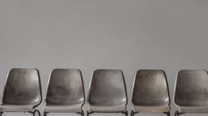 Fototapeta premium Modern Minimalist Studio Shot Featuring a Row of Empty Chairs Against a Gray Background, Perfect for Concepts of Simplicity, Space, and Contemporary Design