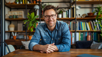 Obraz premium Portrait of a smiling man sitting at a wooden table in a modern library. A young man with glasses is studying new literature indoors. Training concept.