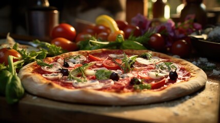 A fresh pizza sitting on a wooden cutting board, great for food and lifestyle images