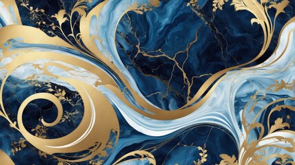 Elegant Navy Blue and Gold Abstract Swirls
