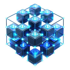 A blockchain network clipart, fintech services element, 3D rendering of glowing blue cubes, isolated on transparent background