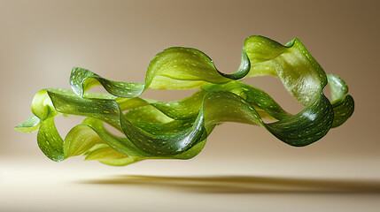 A single zucchini spiralized into long, green ribbons floats elegantly against a light brown background.