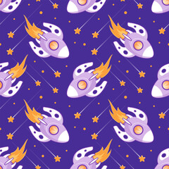 Space flights, shuttle, UFO, stars, rockets, the future. Cute baby illustration in vintage style, seamless pattern. For childrens, wallpaper, background.