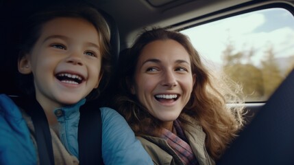 A mother and child sitting together in the back seat of a car, a moment of bonding and togetherness