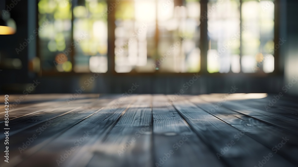 Poster dark blurred background with empty table top cafe restaurant windows background for your product : Generative AI