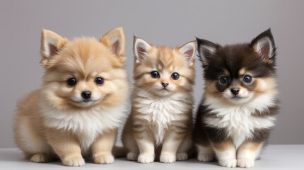 Obraz premium Two fluffy puppies and a cute kitten sitting side by side, looking directly at the camera with endearing expressions, perfect for pet themes. 