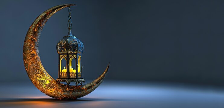 A crescent moon with a lantern hanging from the end on a black background