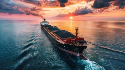 Naklejka premium A large ship is sailing in the ocean with a beautiful sunset in the background