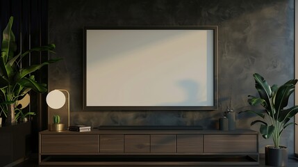 Fototapeta premium Mockup frame on cabinet in living room interior on empty dark wall background3D rendering : Generative AI