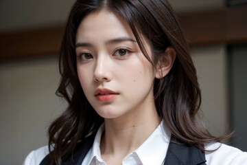 Fototapeta premium Portrait of a confident young woman with long dark hair, wearing a white blouse and black vest, exuding professionalism and poise. 