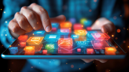 Person Using Tablet With Colorful App Icons