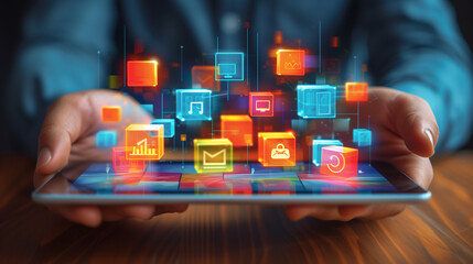 Person Holding Tablet With Colorful App Icons