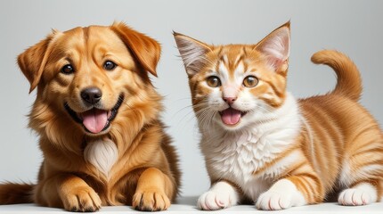 Fototapeta premium Joyful golden-brown dog and orange tabby cat sitting side by side, both looking at the camera with happy expressions. 