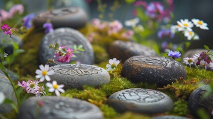 Polished Su-Jok therapy stones with intricate engravings on lush moss, surrounded by vibrant wildflowers.