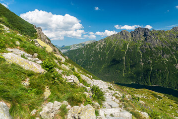 Morskie Oko lake with peaks above in High Tatras mountains in Poland