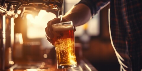 A person pours beer into a glass at home or in a bar