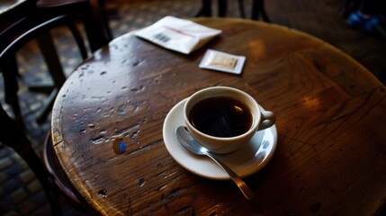 Cozy Caf Vibes: Top View of Black Coffee Cup with Spoon and Sugar Packet on Saucer