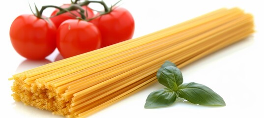 Fresh tomato and basil spaghetti plate on white background for a delightful meal