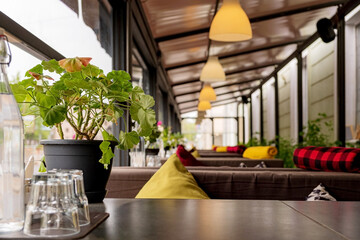 cafe terrace with pillow and  blankets