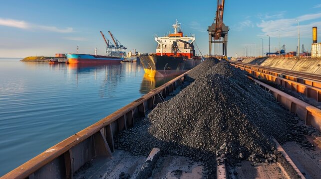 A pile of coal is on the ground next to a ship