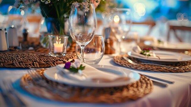 A selective focus shot captures a beautifully arranged wedding table setting with rustic charm including woven placemats glassware and delicate floral accents : Generative AI