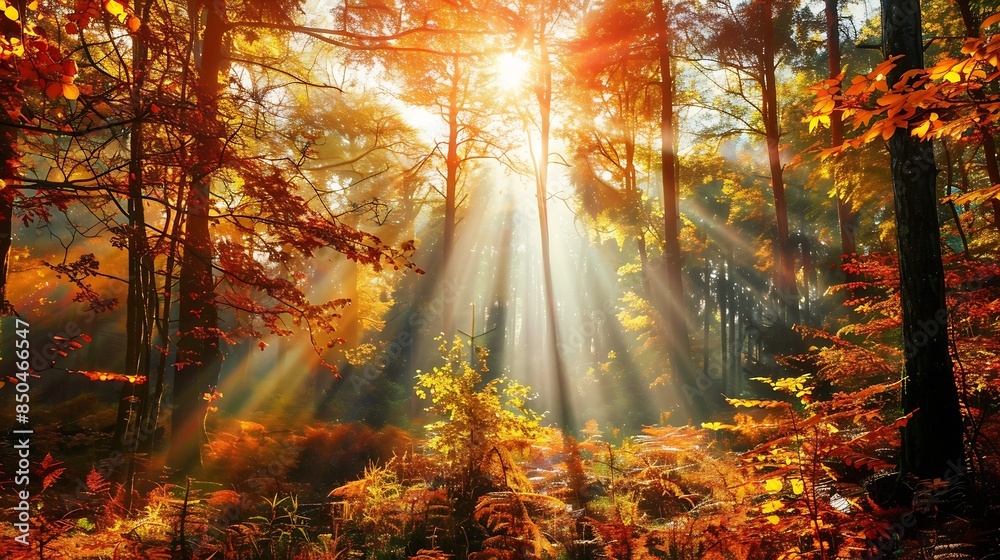 Poster autumn forest nature vivid morning in colorful forest with sun rays through branches of trees scener