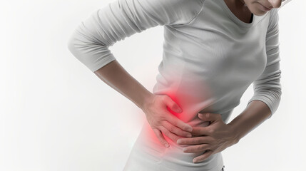 Person experiencing kidney pain with red highlighted area on the side, indicating discomfort or medical issue. On white background.