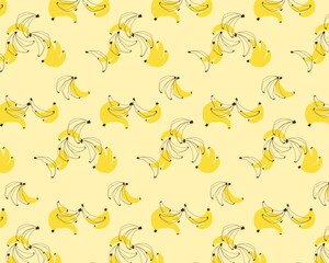Vector doodle pattern of bananas and line bananas. Summer print with hand drawn bananas. Tropical healthy fresh pattern