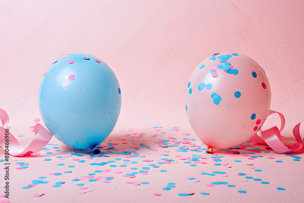 Sticker Confetti and ribbons pastel blue and pastel pink balloon, confetti, copyspace for text