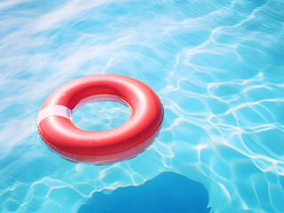 red swimming ring floating in the blue water of a swimming pool.